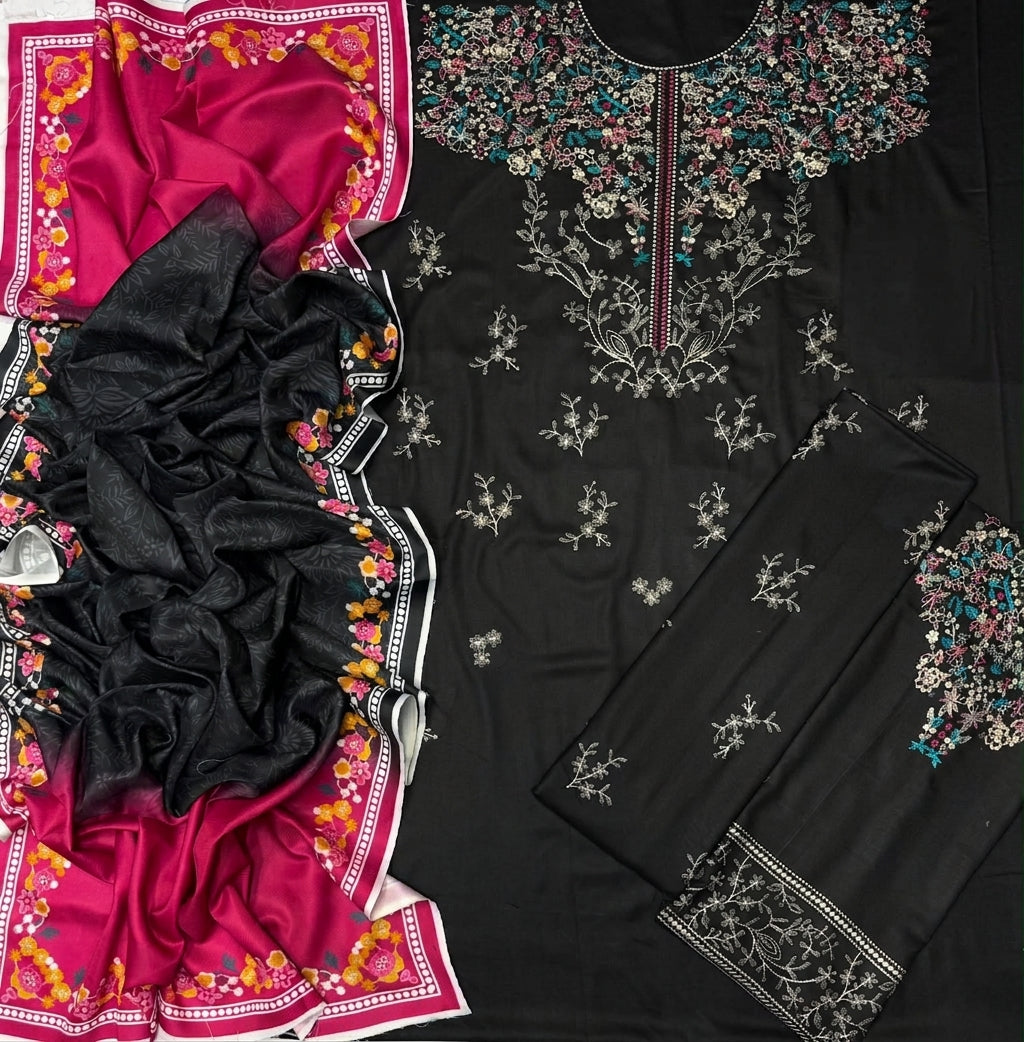 Black & Olive Green Dhanak 3-Piece Suit Full Heavy Embroidered with Digital Printed Woolen Shawl Unstitched — Winter Collection 2026