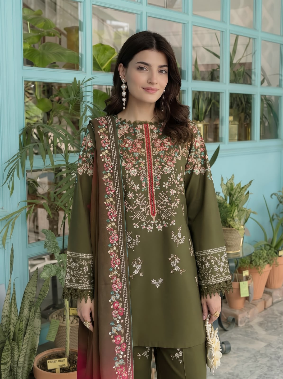 Black & Olive Green Dhanak 3-Piece Suit Full Heavy Embroidered with Digital Printed Woolen Shawl Unstitched — Winter Collection 2026