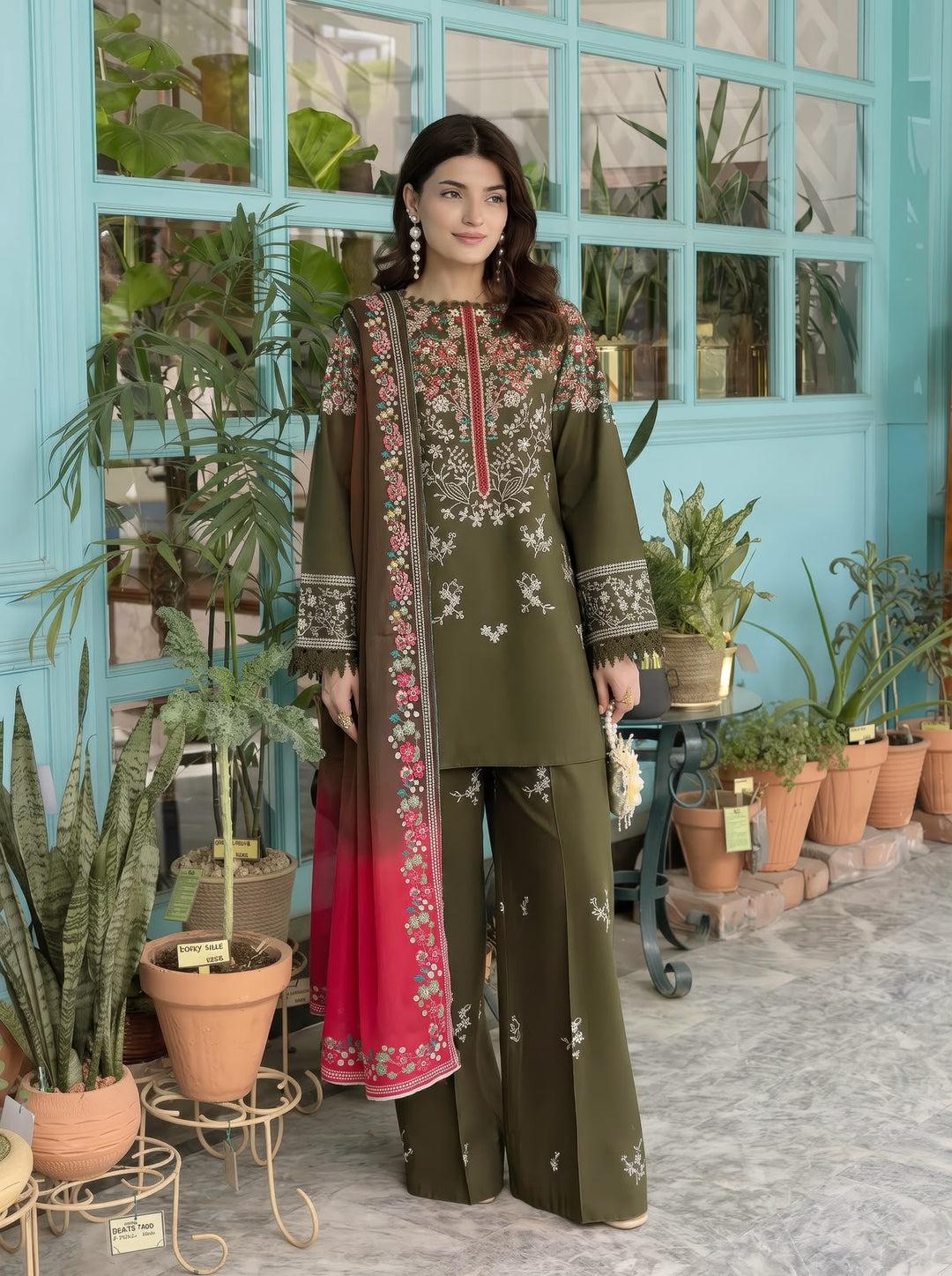 Black & Olive Green Dhanak 3-Piece Suit Full Heavy Embroidered with Digital Printed Woolen Shawl Unstitched — Winter Collection 2026