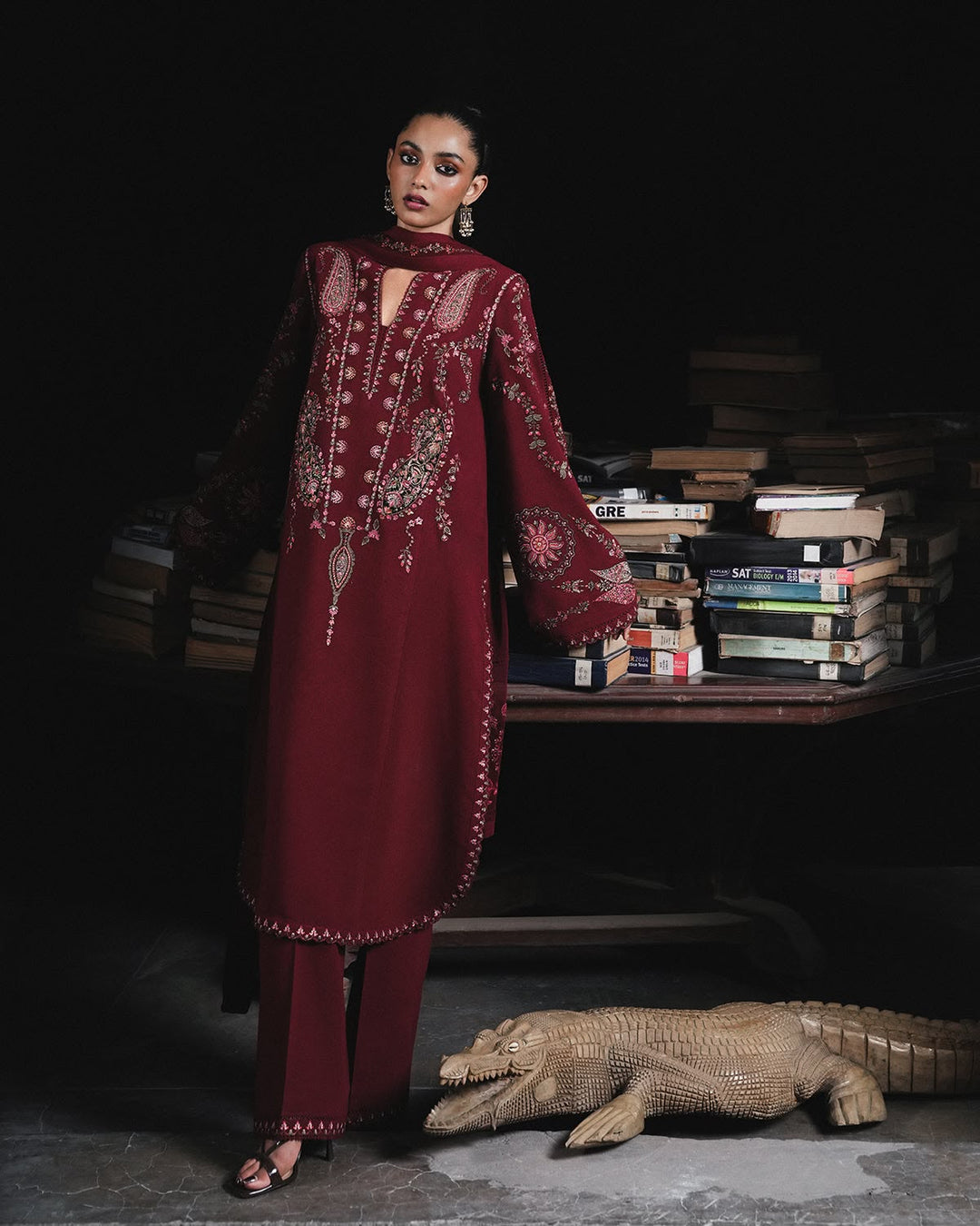 Wine Dhanak 3-Piece Suit Full Heavy Embroidered with Multi-Head Embroidered Shawl Unstitched — Winter Collection 2026