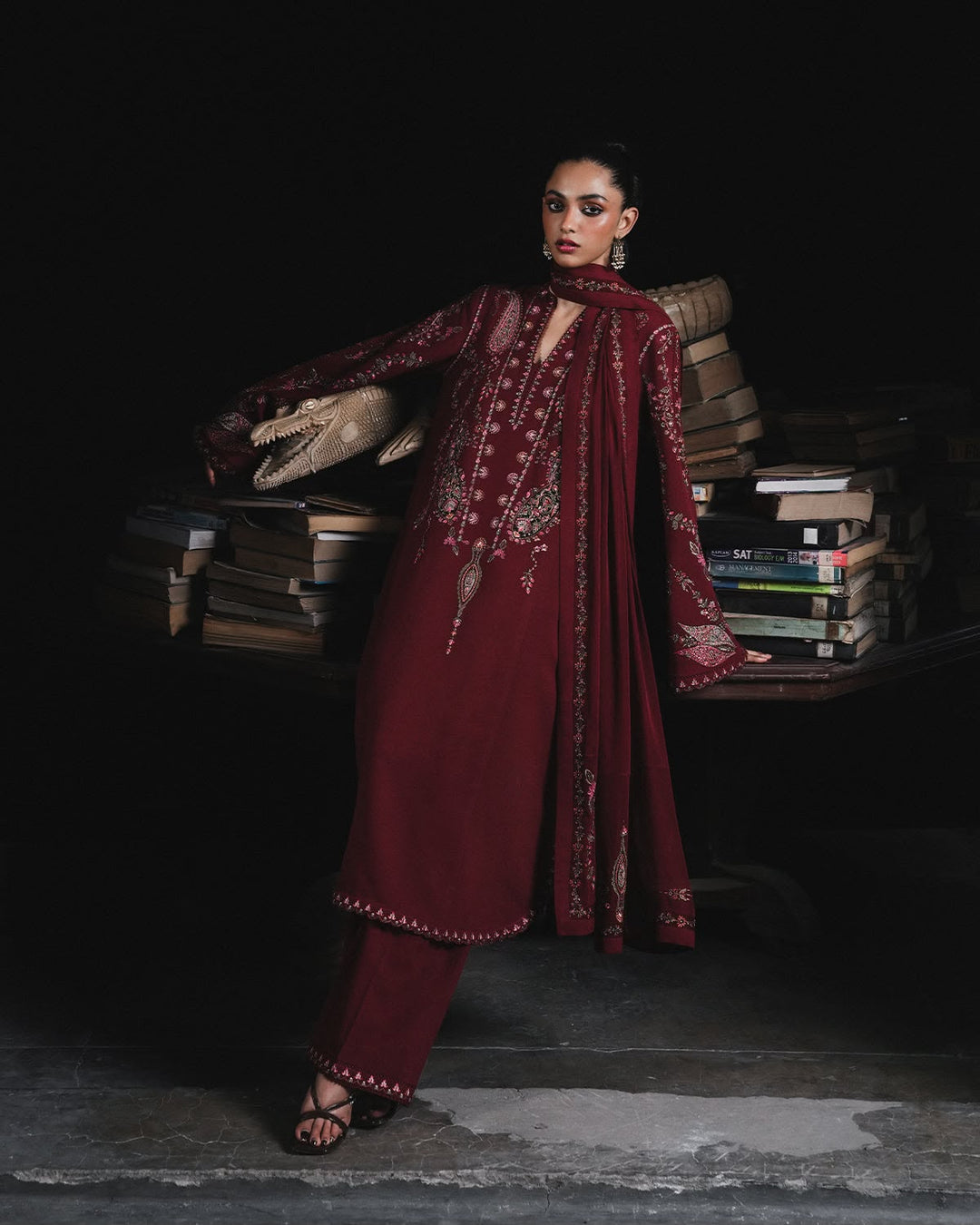 Wine Dhanak 3-Piece Suit Full Heavy Embroidered with Multi-Head Embroidered Shawl Unstitched — Winter Collection 2026
