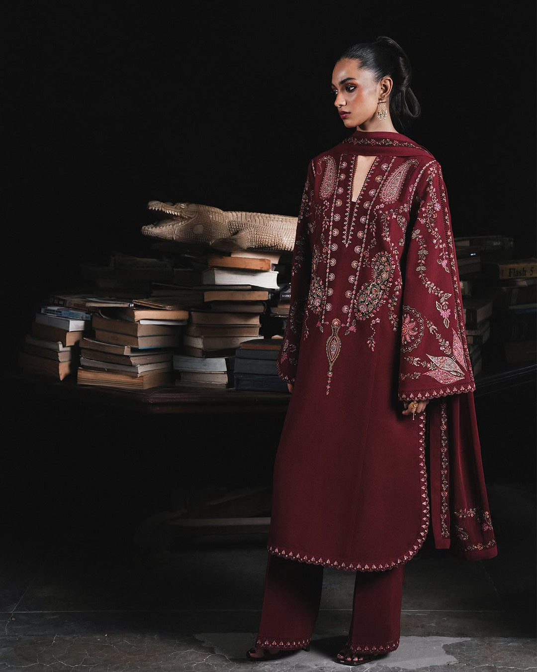 Wine Dhanak 3-Piece Suit Full Heavy Embroidered with Multi-Head Embroidered Shawl Unstitched — Winter Collection 2026