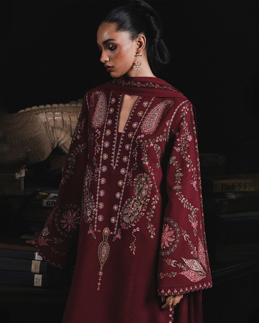 Wine Dhanak 3-Piece Suit Full Heavy Embroidered with Multi-Head Embroidered Shawl Unstitched — Winter Collection 2026