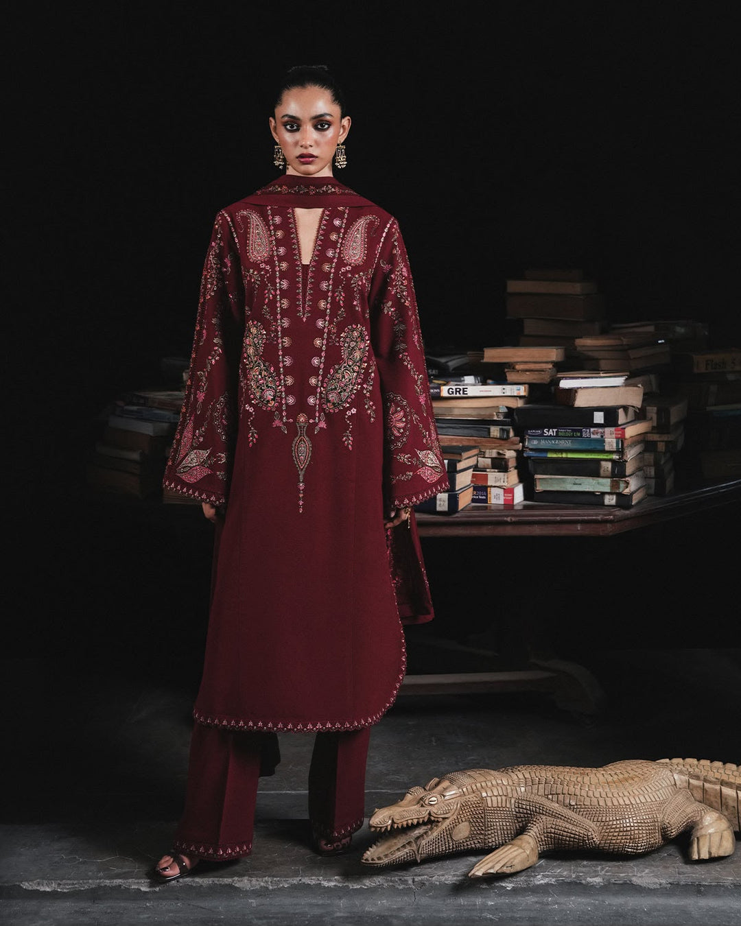 Wine Dhanak 3-Piece Suit Full Heavy Embroidered with Multi-Head Embroidered Shawl Unstitched — Winter Collection 2026