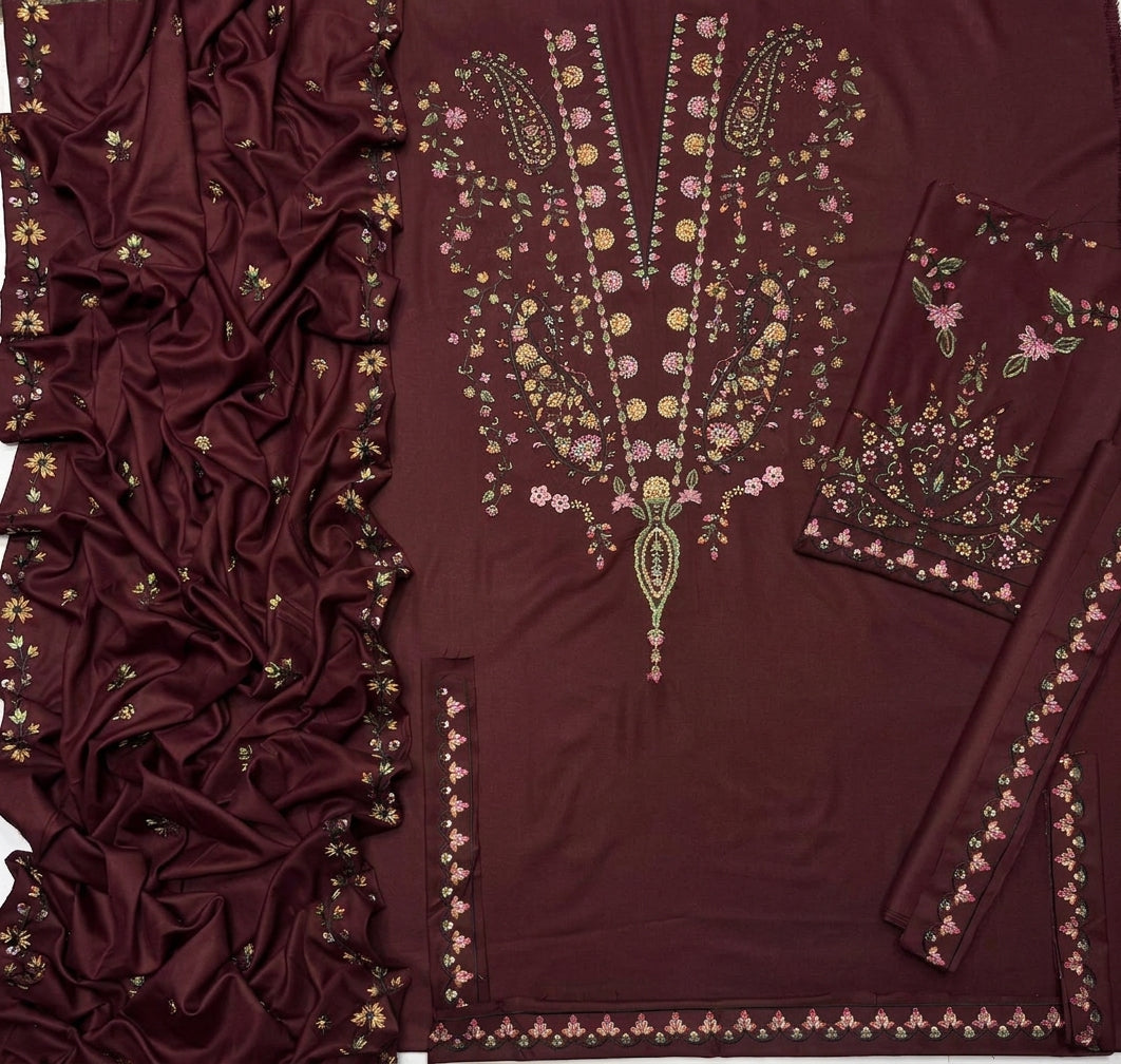 Wine Dhanak 3-Piece Suit Full Heavy Embroidered with Multi-Head Embroidered Shawl Unstitched — Winter Collection 2026