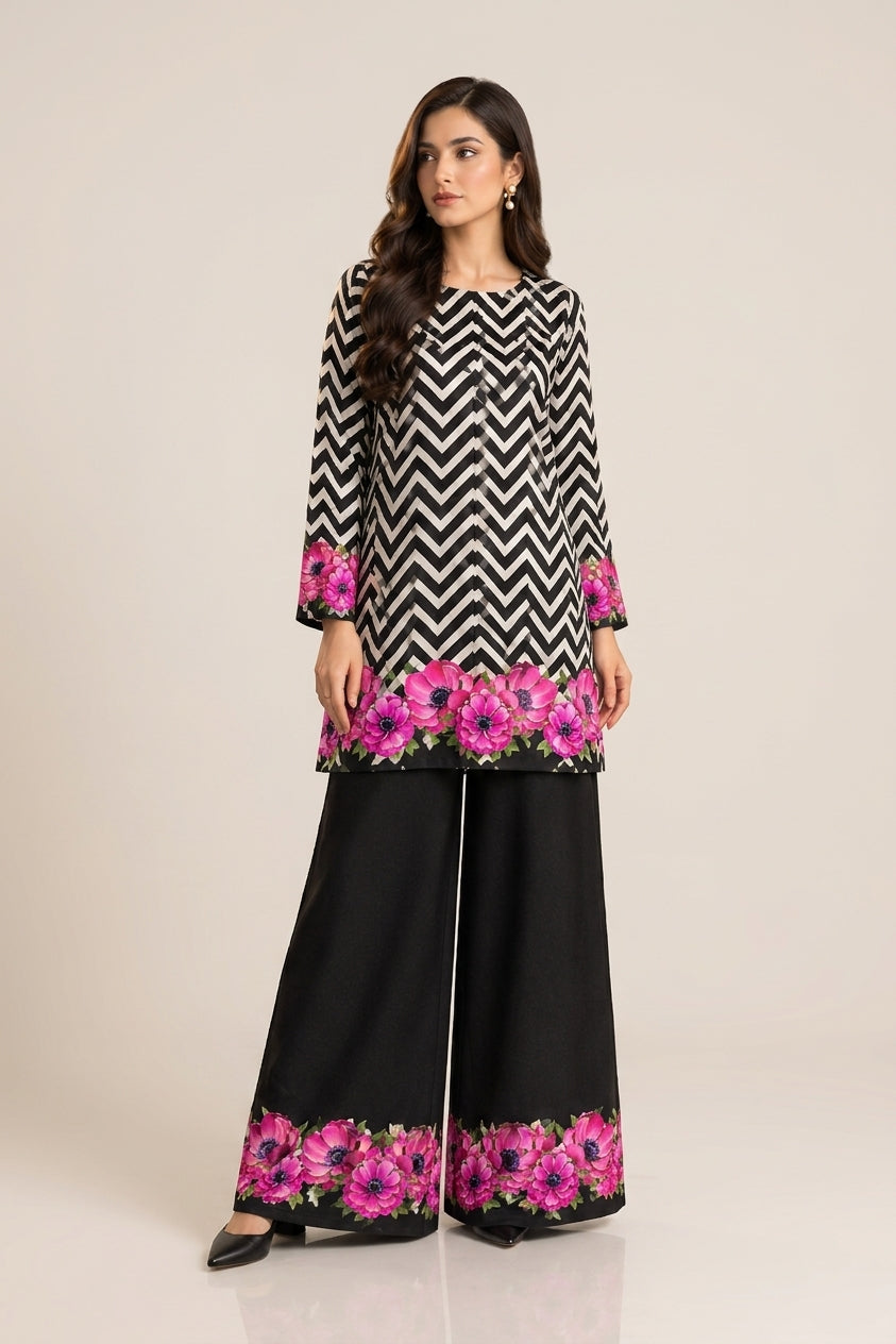 Black Chevron Floral Digital Printed Shamooz Silk Co-Ord Set Unstitched