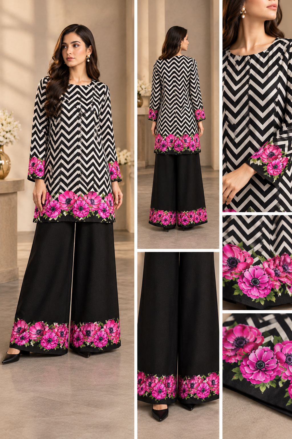 Black Chevron Floral Digital Printed Shamooz Silk Co-Ord Set Unstitched - view 3