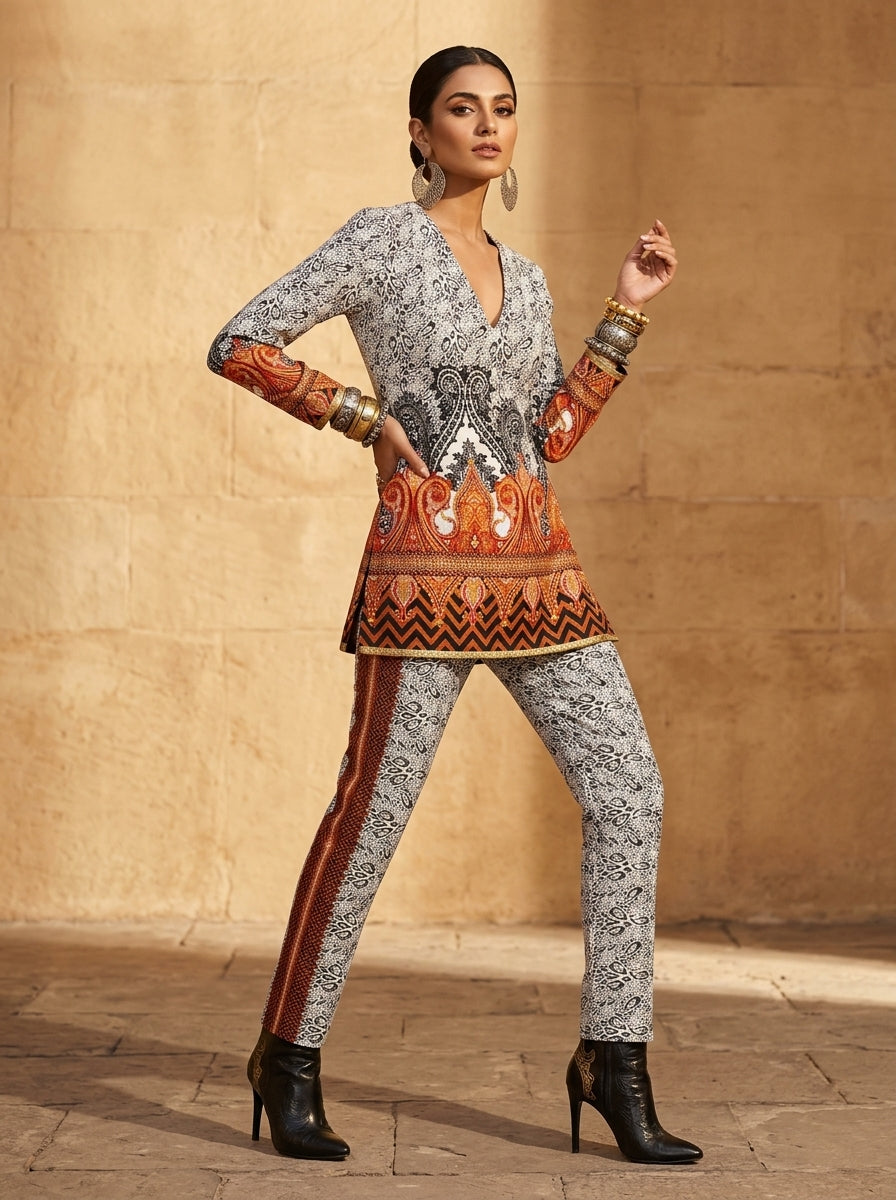 Black White Orange Paisley Digital Printed Shamooz Silk Co-Ord Set Unstitched