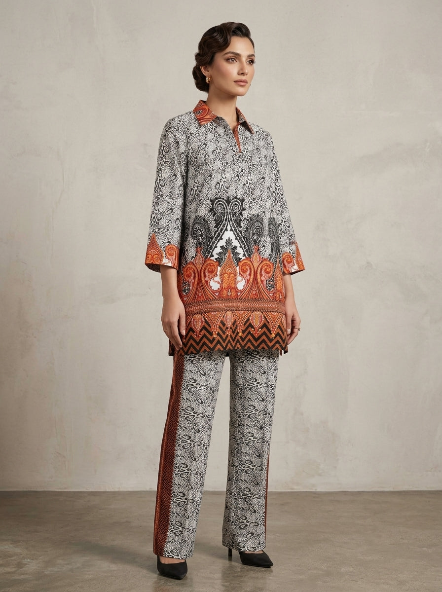 Black White Orange Paisley Digital Printed Shamooz Silk Co-Ord Set Unstitched - view 3