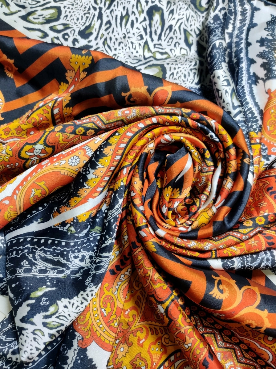 Black White Orange Paisley Digital Printed Shamooz Silk Co-Ord Set Unstitched - view 2