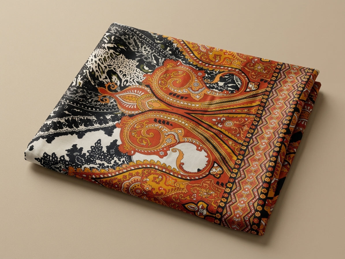 Black White Orange Paisley Digital Printed Shamooz Silk Co-Ord Set Unstitched - view 5