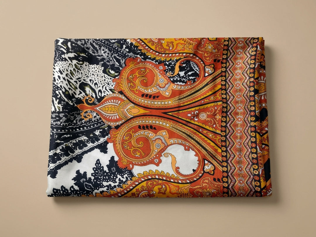 Black White Orange Paisley Digital Printed Shamooz Silk Co-Ord Set Unstitched - view 4