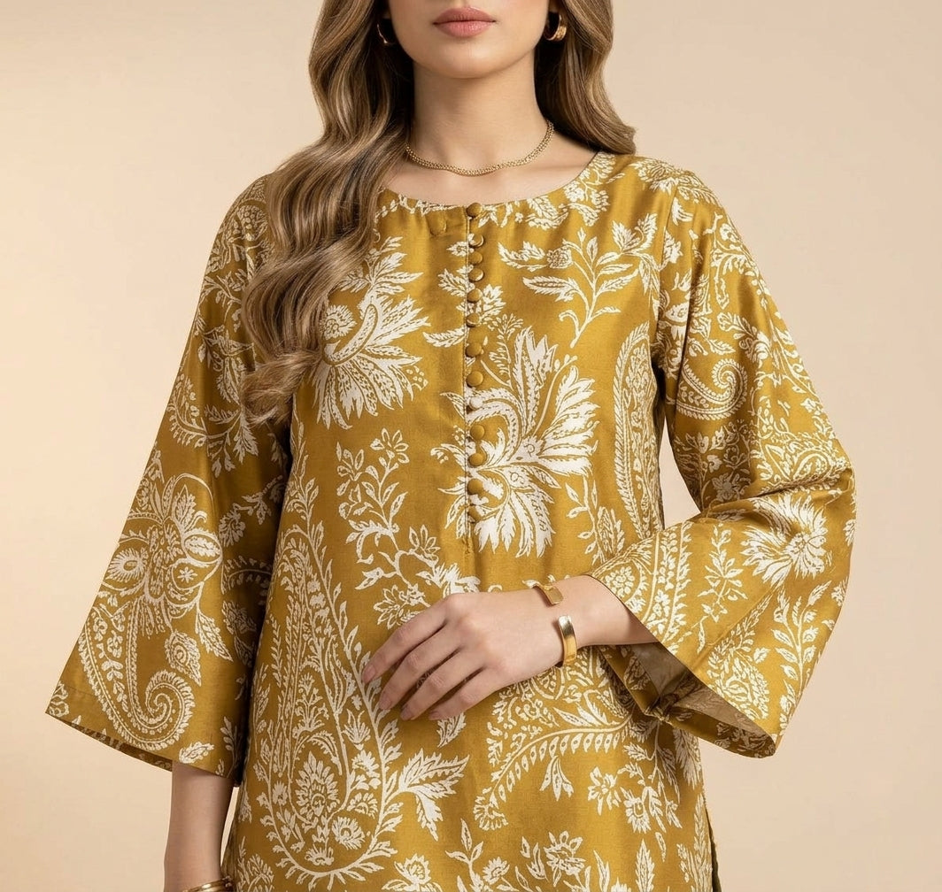 Mustard Olive Paisley Digital Printed Shamooz Silk Co-Ord Set Unstitched - view 4