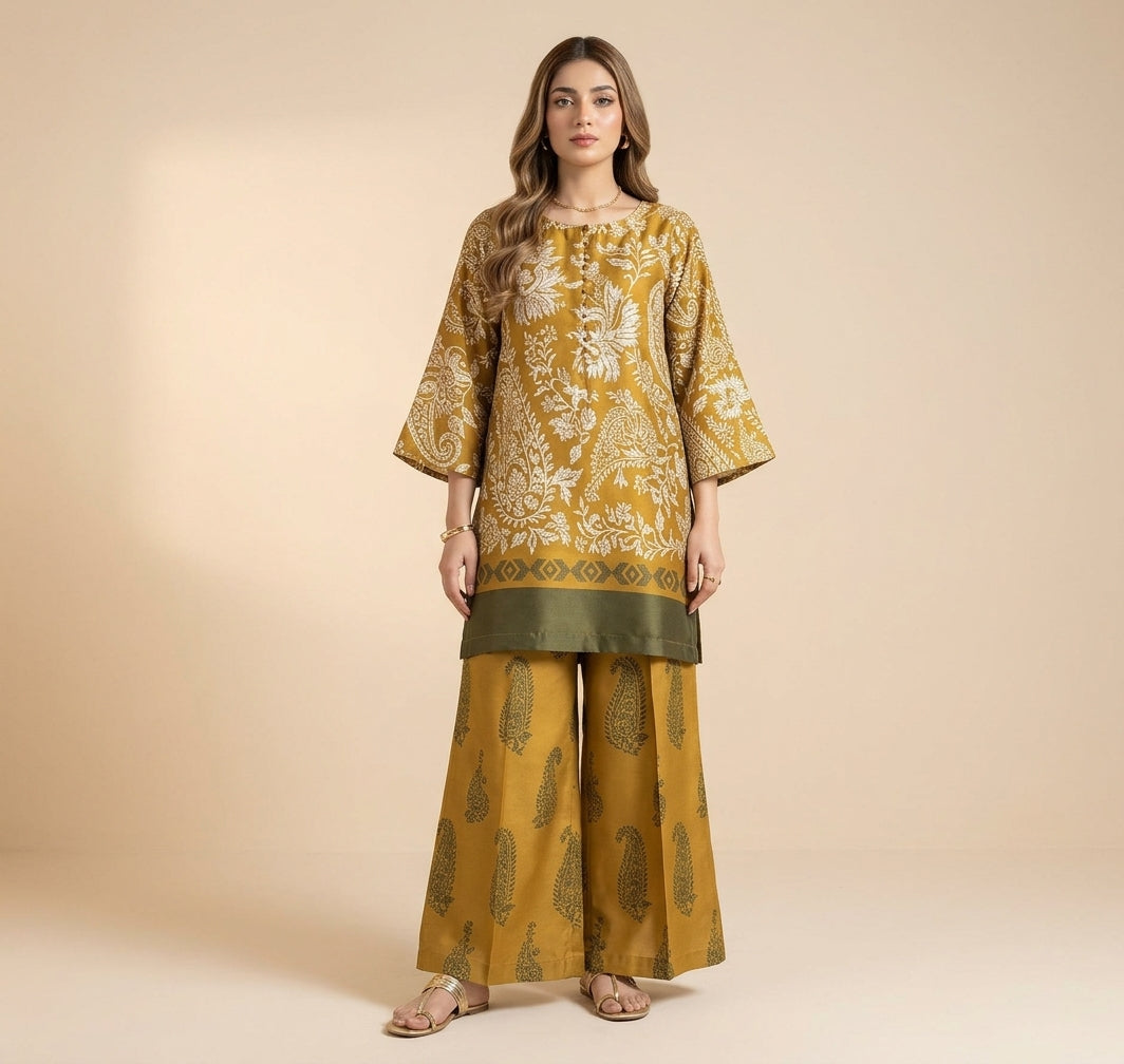 Mustard Olive Paisley Digital Printed Shamooz Silk Co-Ord Set Unstitched