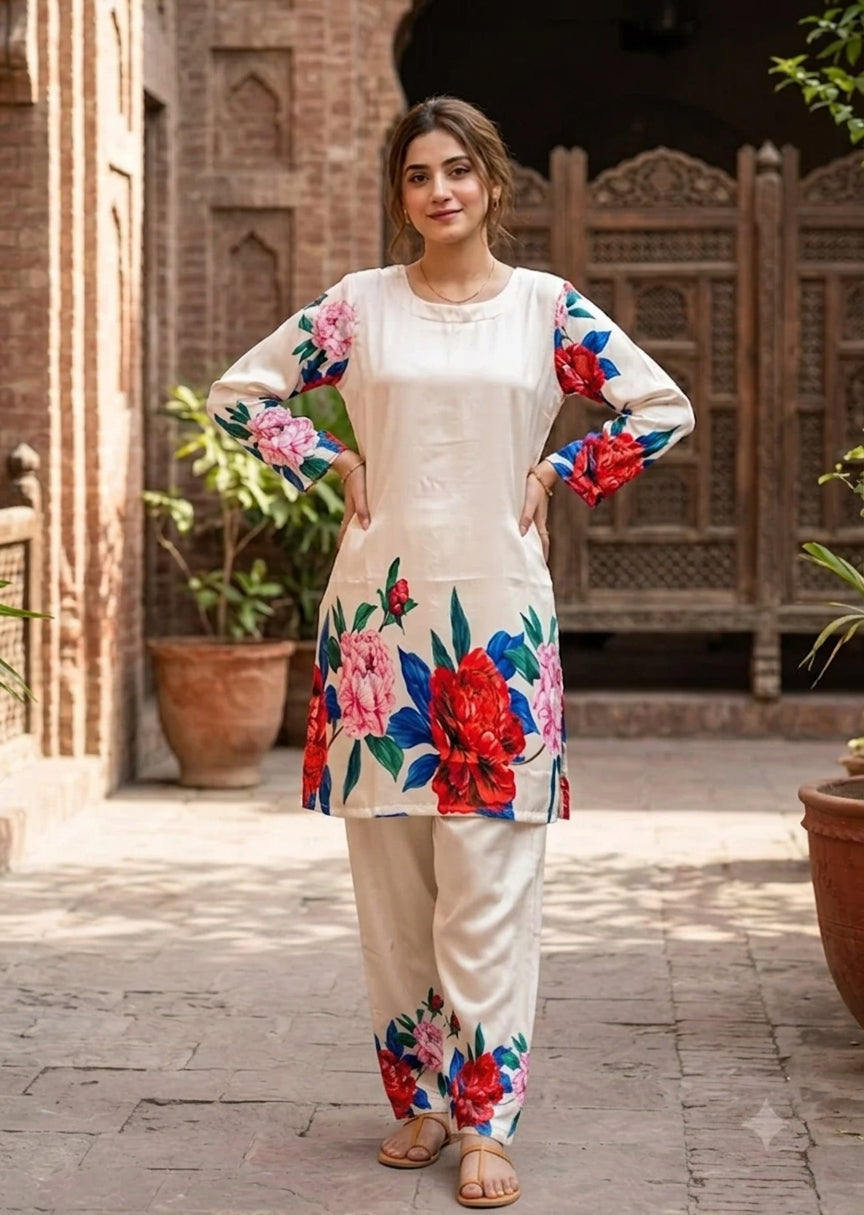 Ivory Red Pink Floral Digital Printed Shamooz Silk Co-Ord Set Unstitched