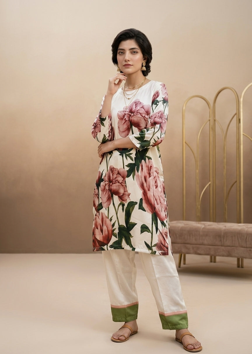 Ivory Pink Peony Floral Digital Printed Shamooz Silk Co-Ord Set Unstitched