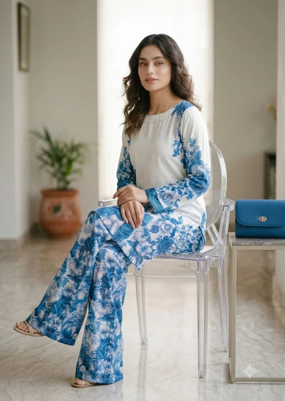 Blue White Floral Digital Printed Shamooz Silk Co-Ord Set Unstitched - view 4