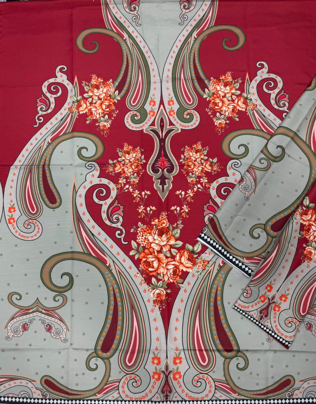 Maroon Sage Paisley Floral Digital Printed Linen Viscose Slub Kaftan Unstitched — 51+ Inch Length