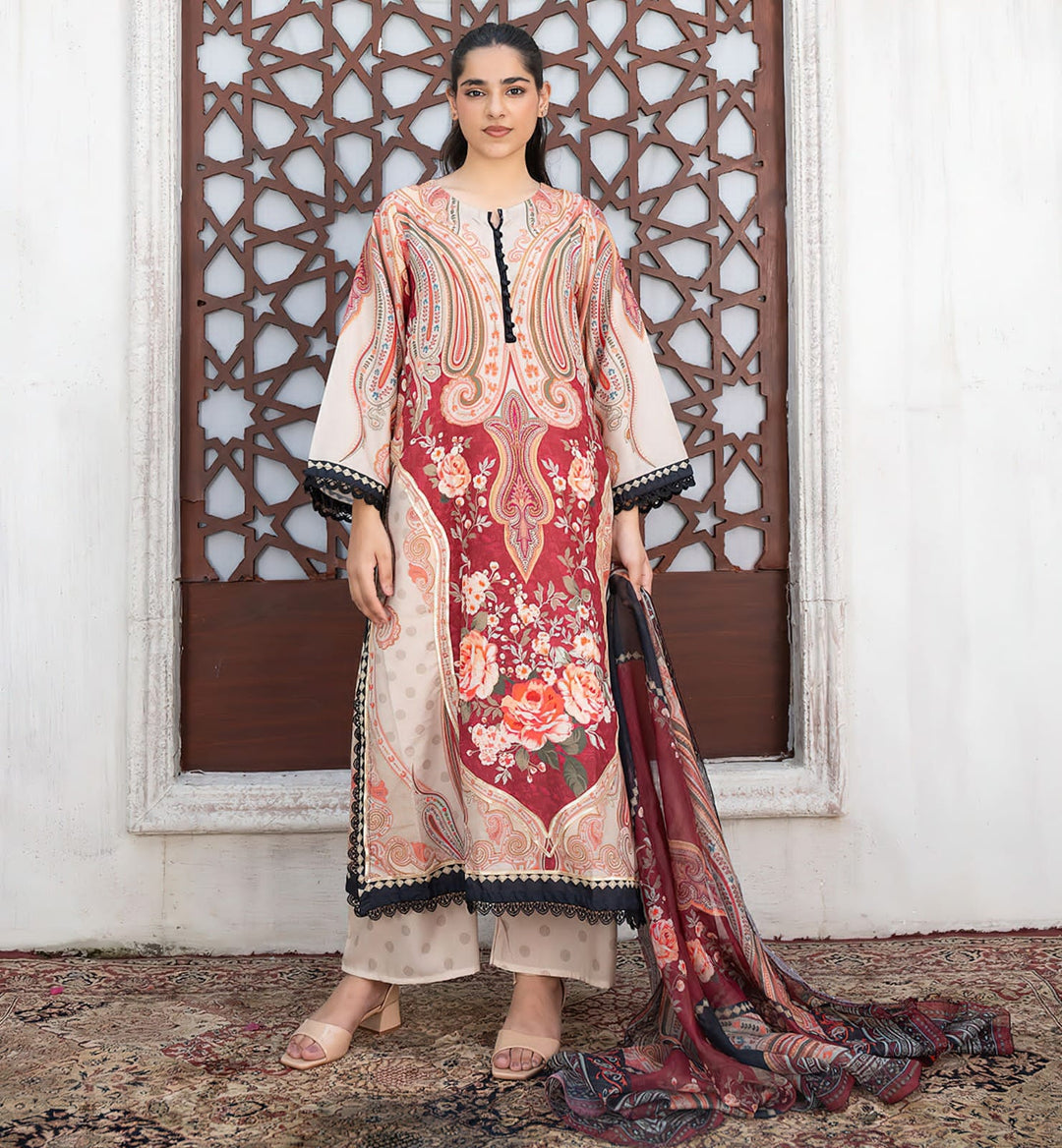 Maroon Sage Paisley Floral Digital Printed Linen Viscose Slub Kaftan Unstitched — 51+ Inch Length