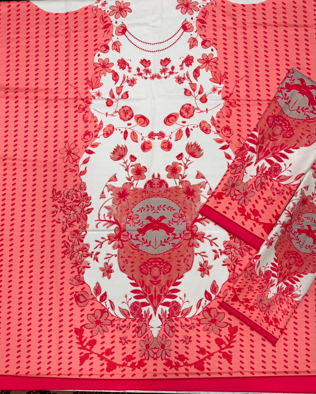 Coral Pink Floral Linen Viscose Kaftan Unstitched - view 2