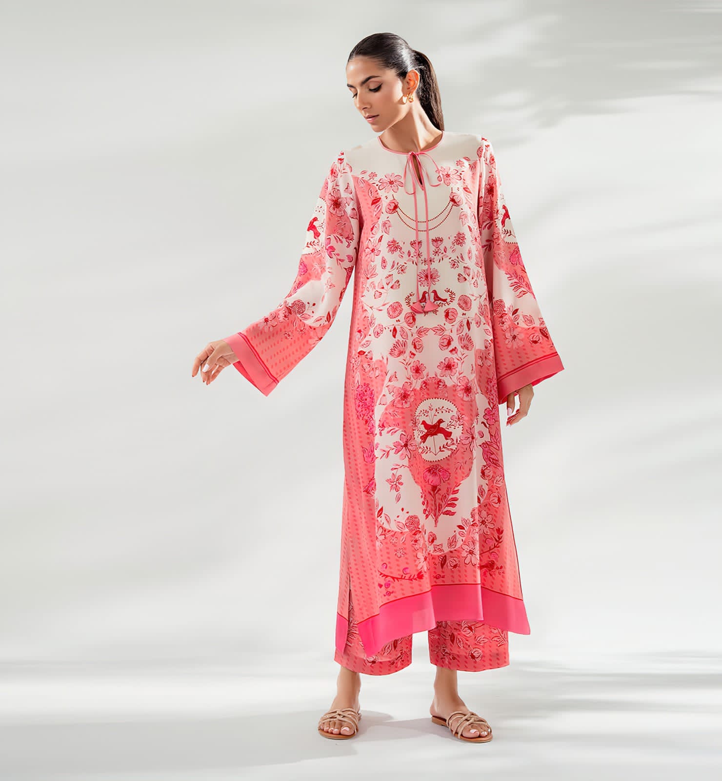 Coral Pink Floral Linen Viscose Kaftan Unstitched
