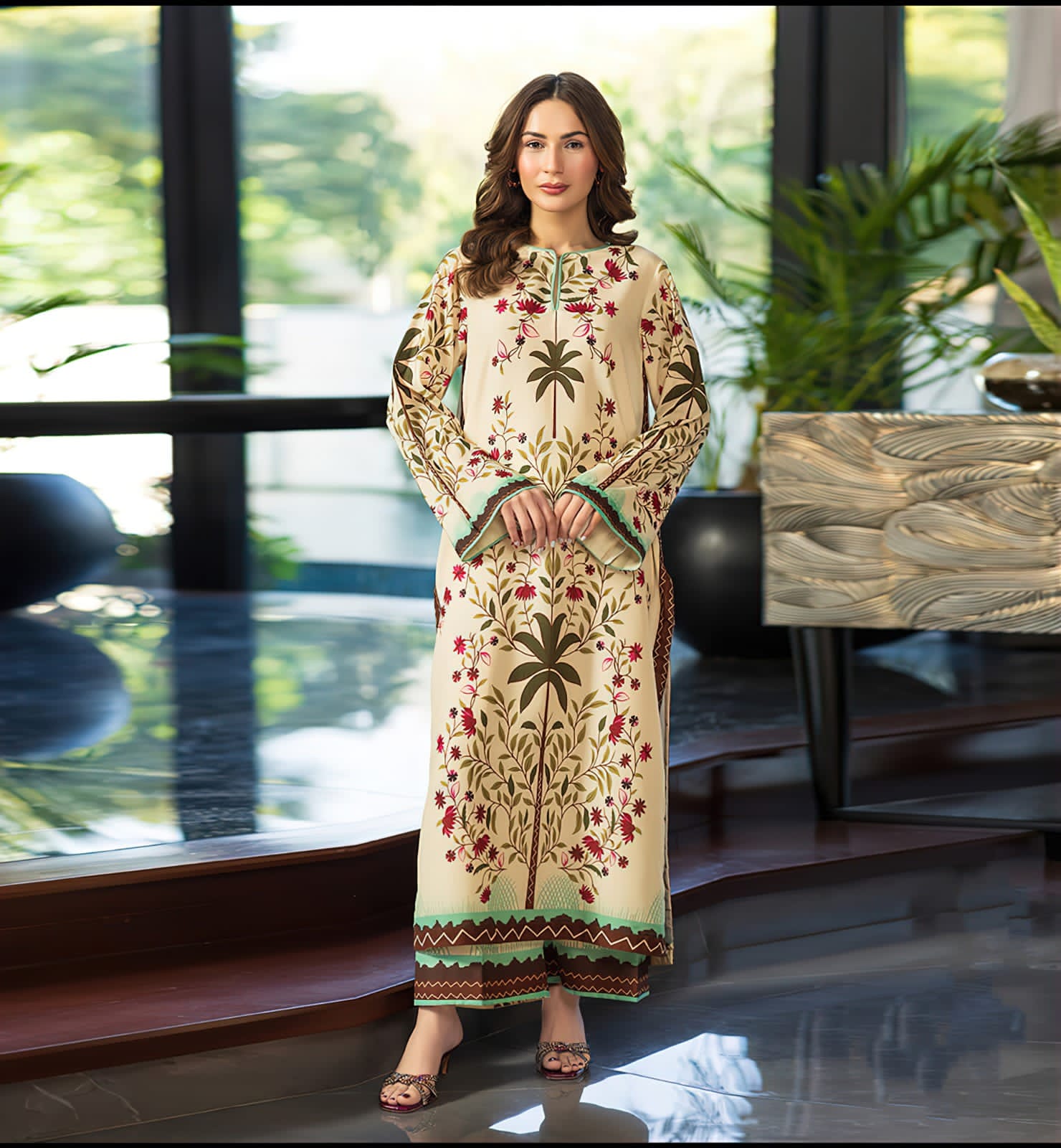 Cream Palm Tree Floral Linen Viscose Kaftan Unstitched