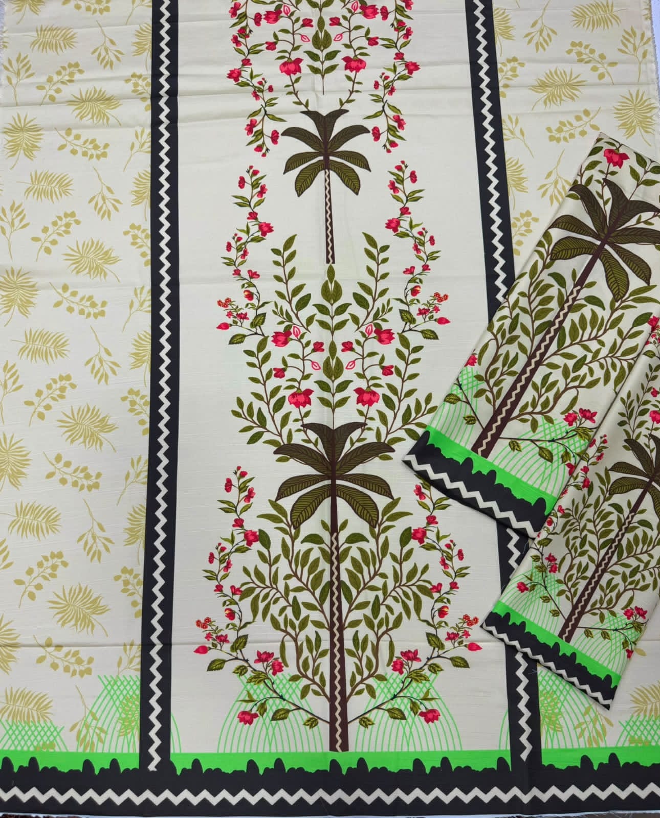 Cream Palm Tree Floral Linen Viscose Kaftan Unstitched - view 2