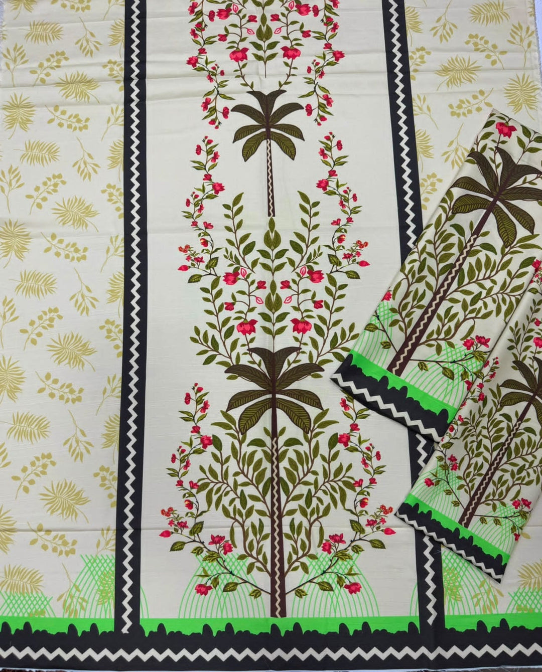 Cream Palm Tree Floral Linen Viscose Kaftan Unstitched - view 2