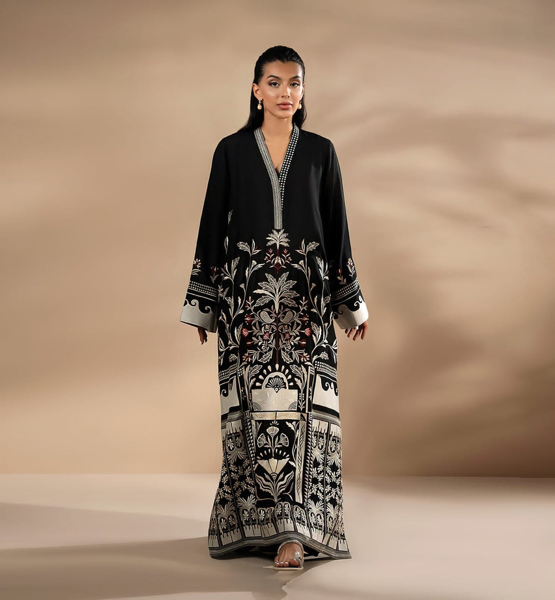 Black Beige Floral Tree Linen Viscose Kaftan Unstitched