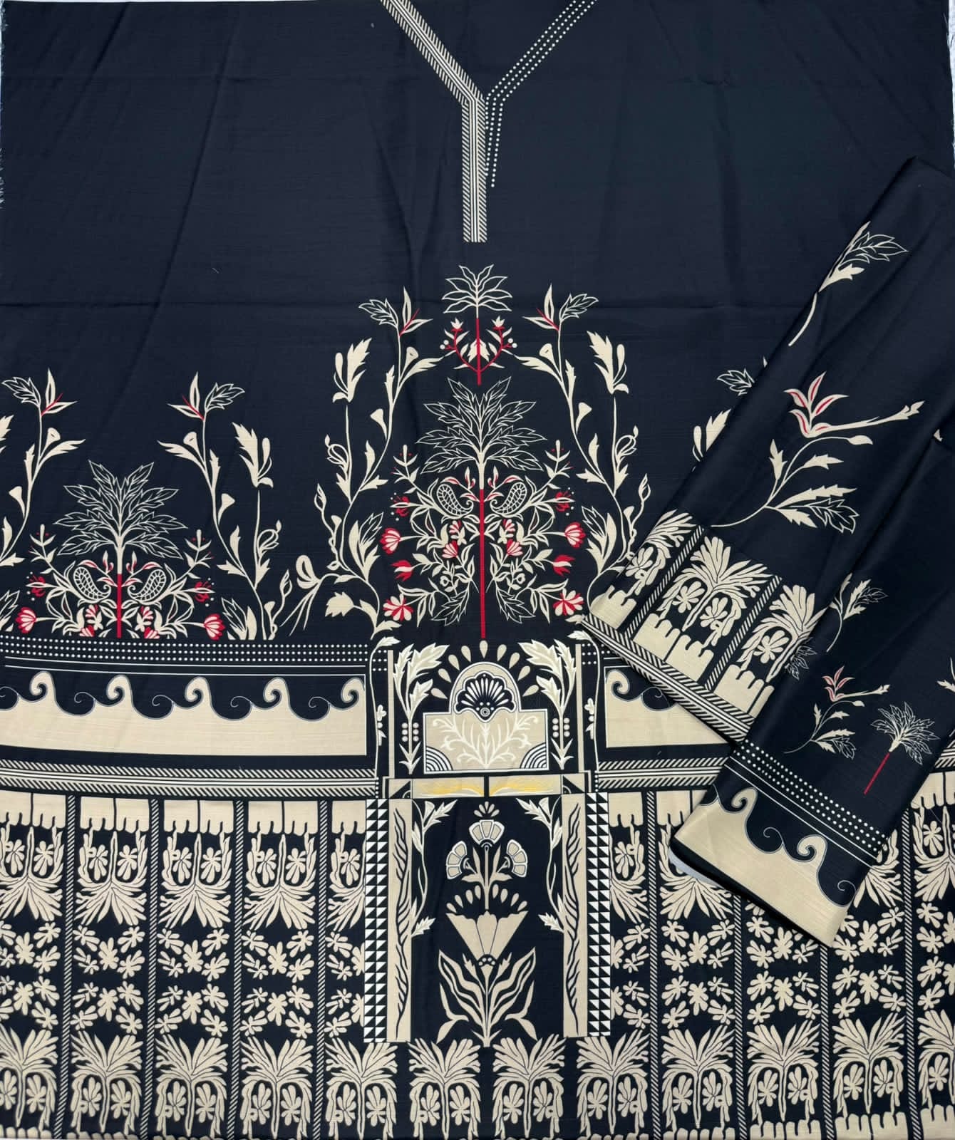 Black Beige Floral Tree Linen Viscose Kaftan Unstitched - view 2
