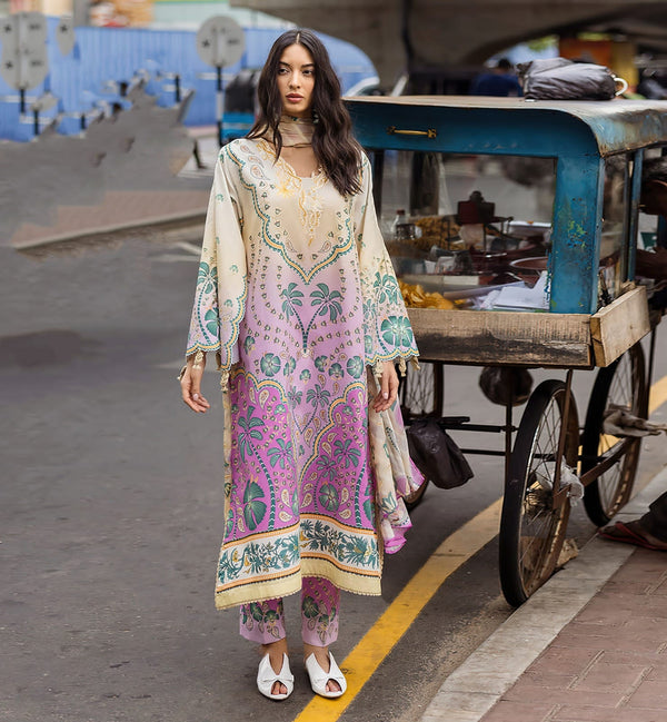 Cream Orchid Purple Palm Floral Digital Printed Linen Viscose Slub Kaftan Unstitched — 51+ Inch Length