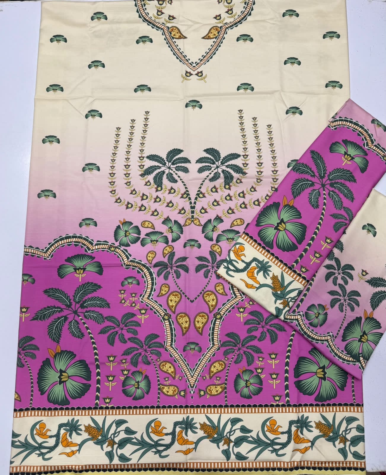Cream Orchid Purple Palm Floral Linen Viscose Kaftan Unstitched - view 2
