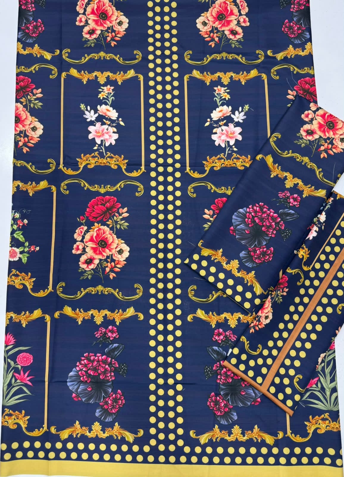 Navy Blue Floral Polka Dot Linen Viscose Kaftan Unstitched - view 2