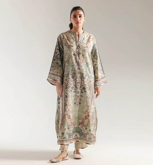 Sage Green Geometric Floral Digital Printed Linen Viscose Slub Kaftan Unstitched — 51+ Inch Length