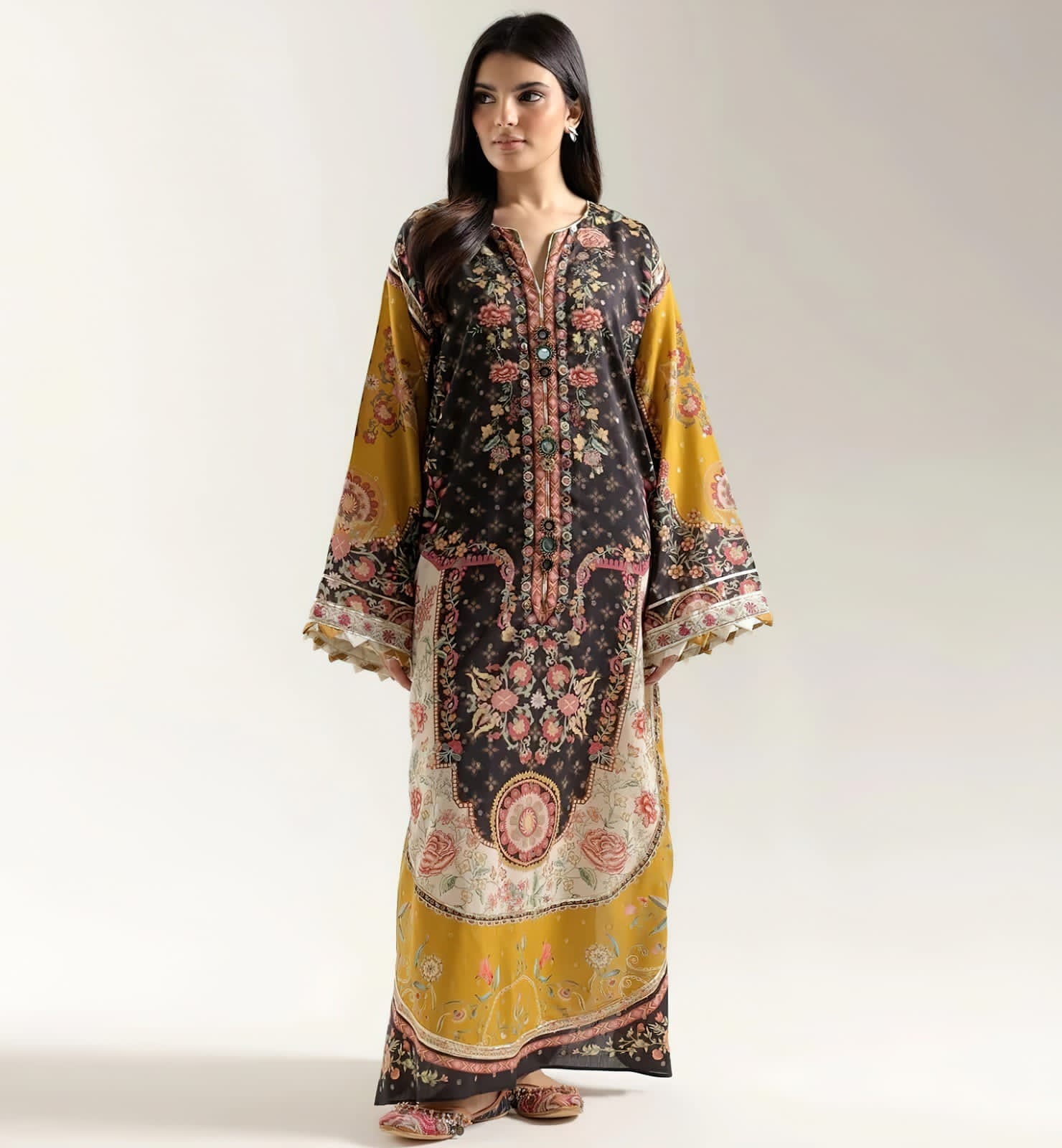 Black Mustard Floral Mandala Linen Viscose Kaftan Unstitched