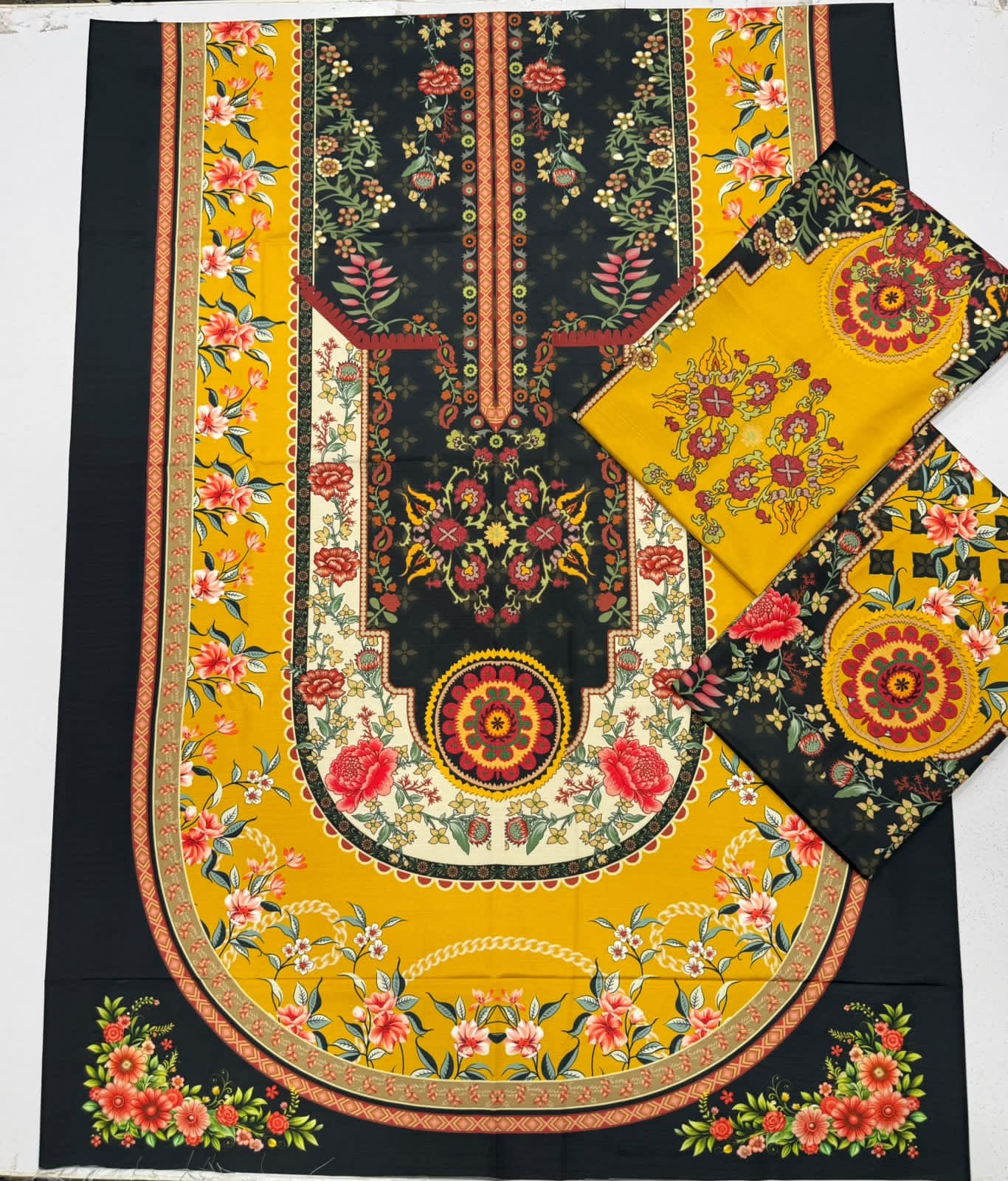 Black Mustard Floral Mandala Linen Viscose Kaftan Unstitched - view 2