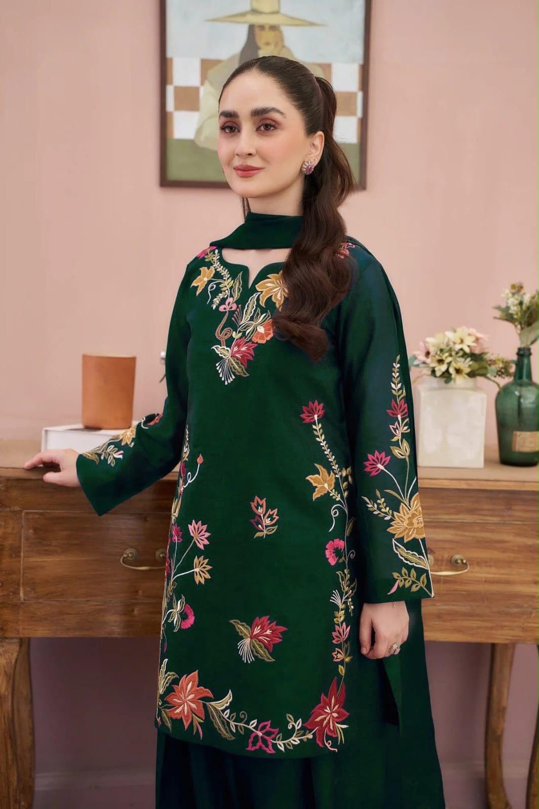 Pakistani Green Dhanak Embroidered 2 Piece Shalwar Kameez Unstitched Suit
