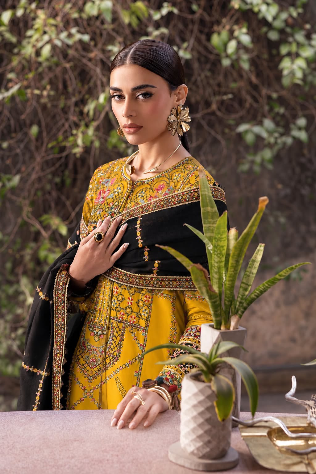 Mustard Airjet Dhanak 3 Piece Multi-Head Embroidered Suit with Black Embroidered Dupatta - view 3