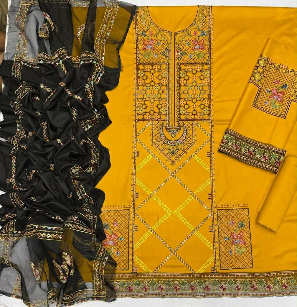 Mustard Airjet Dhanak 3 Piece Multi-Head Embroidered Suit with Black Embroidered Dupatta - view 4
