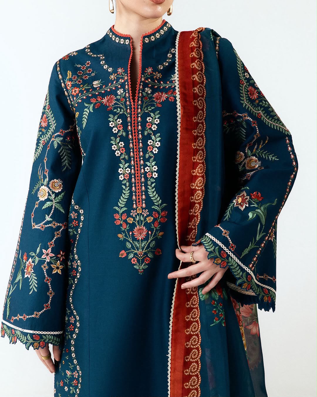 Navy Blue Airjet Dhanak 3 Piece Embroidered Suit with Rust Printed Twill Wool Dupatta