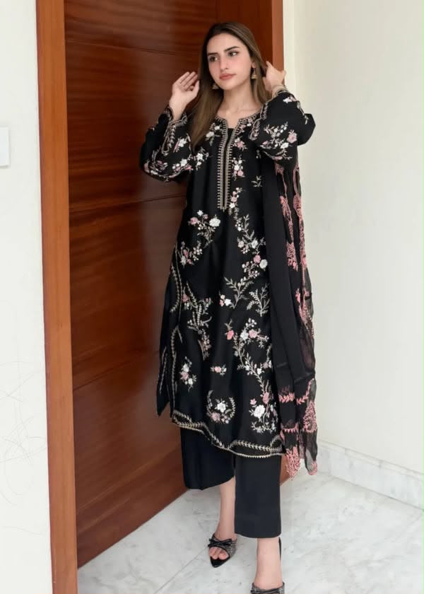 Black Airjet Dhanak 3 Piece Multi-Color Embroidered Suit with Luxury Embroidered Dupatta - view 2