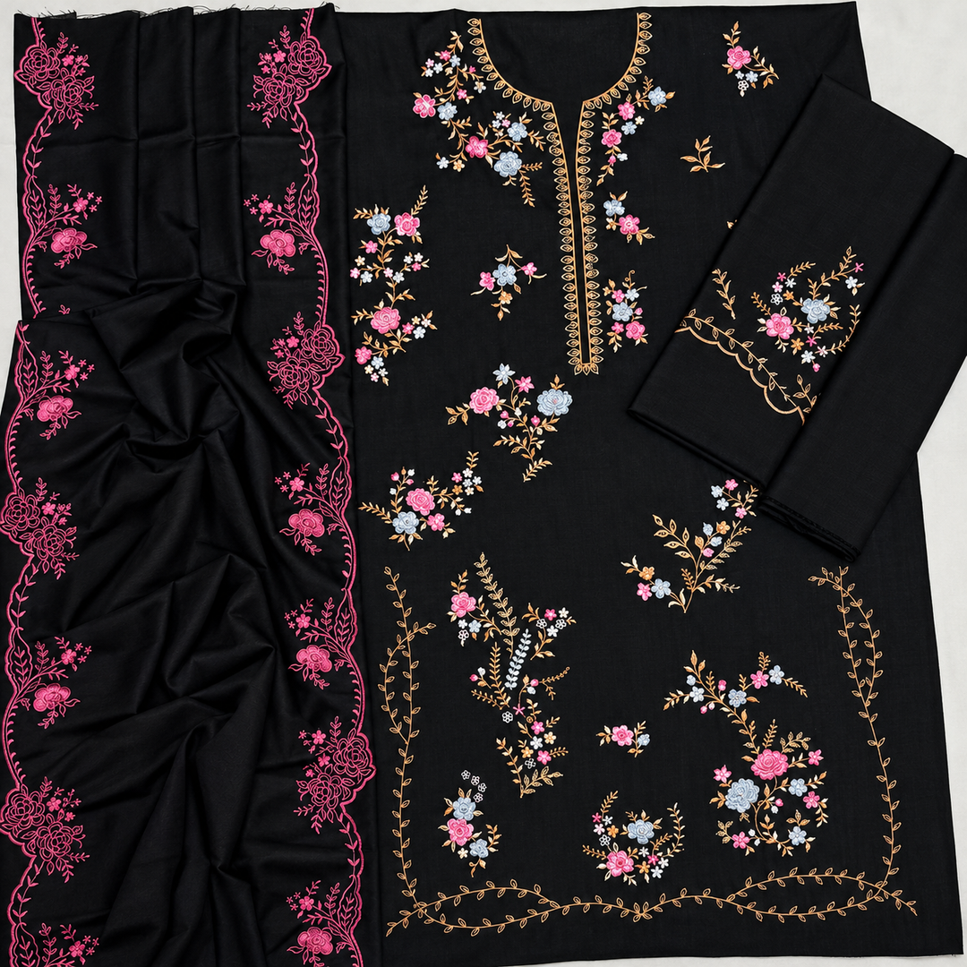 Black Airjet Dhanak 3 Piece Multi-Color Embroidered Suit with Luxury Embroidered Dupatta - view 3