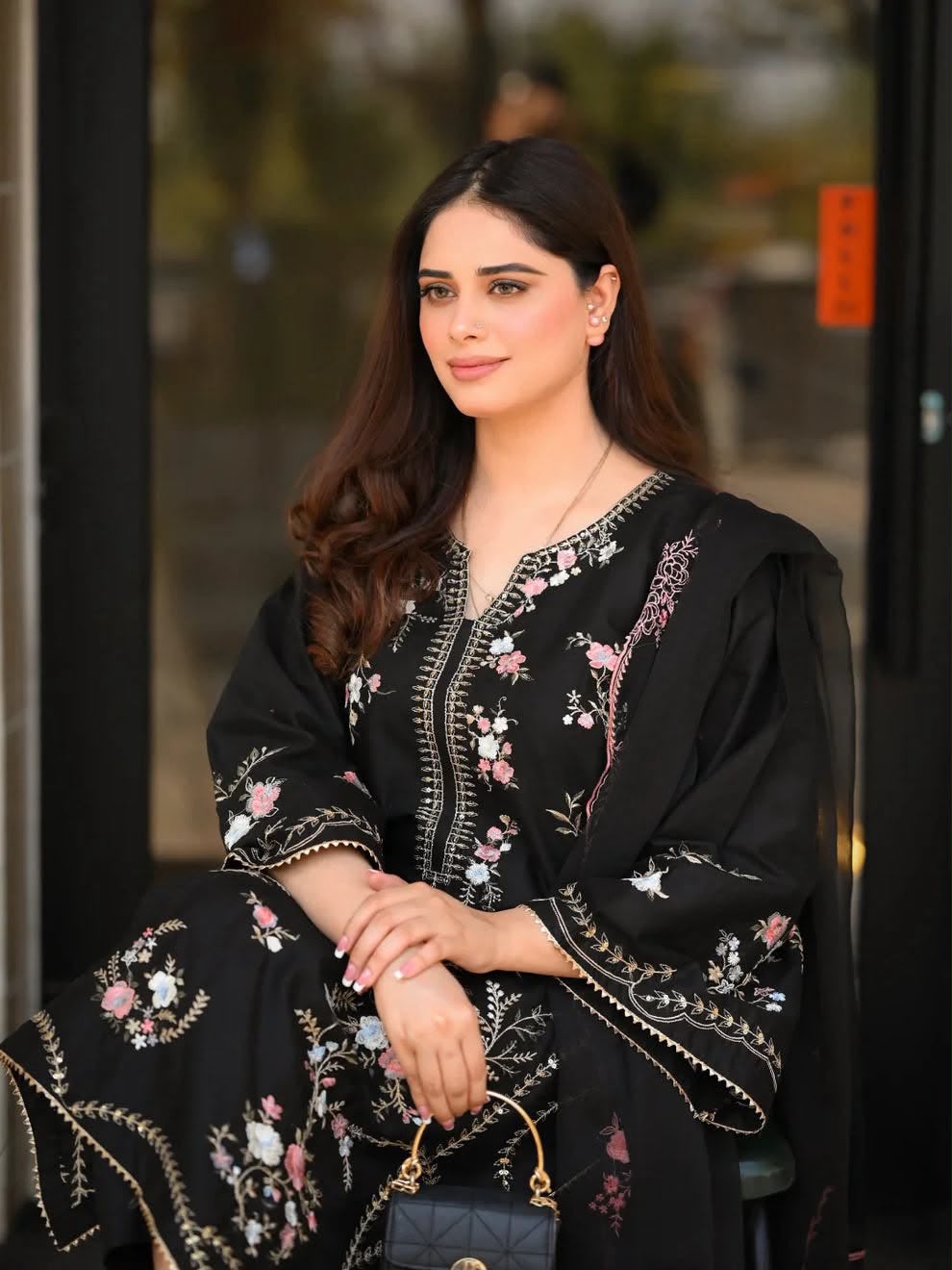 Black Airjet Dhanak 3 Piece Multi-Color Embroidered Suit with Luxury Embroidered Dupatta - view 5