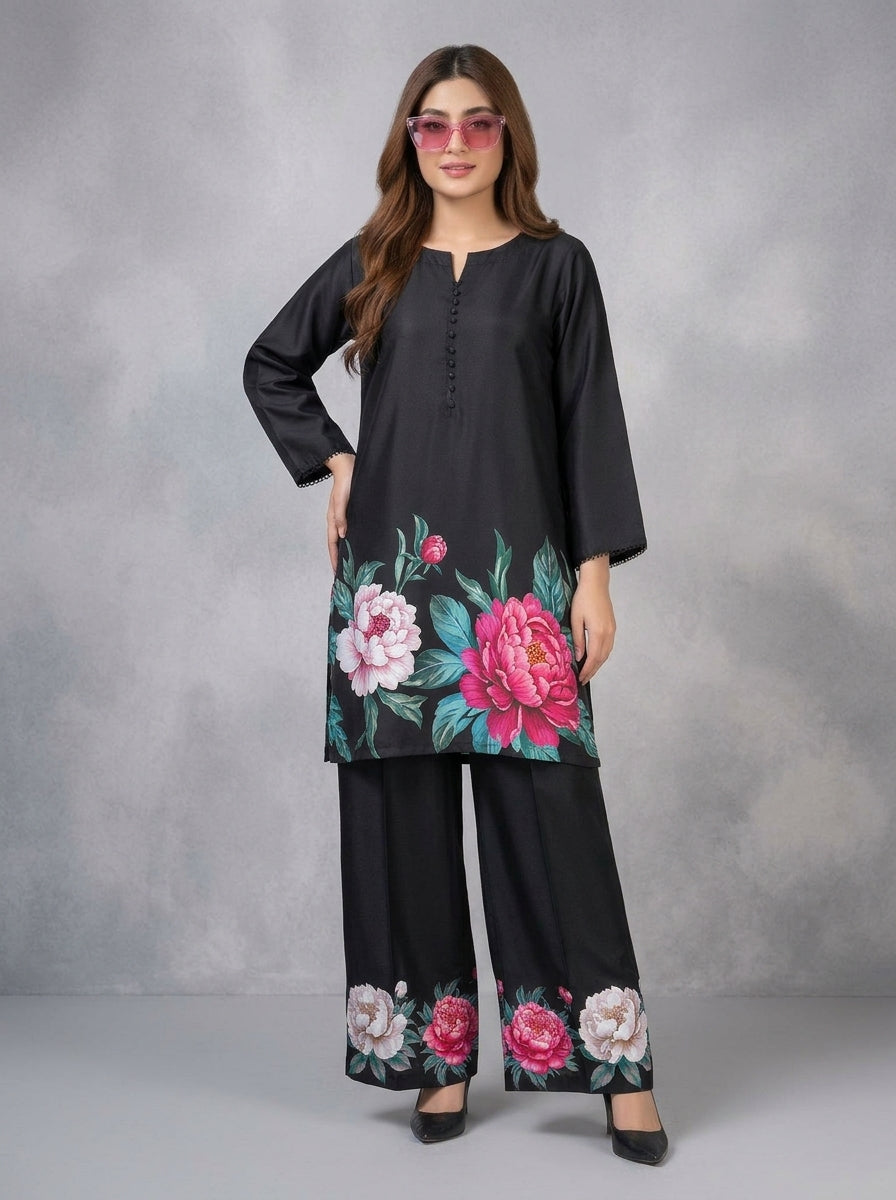 Black Pink Peony Shamooz Silk 2-Piece Co-Ord Set