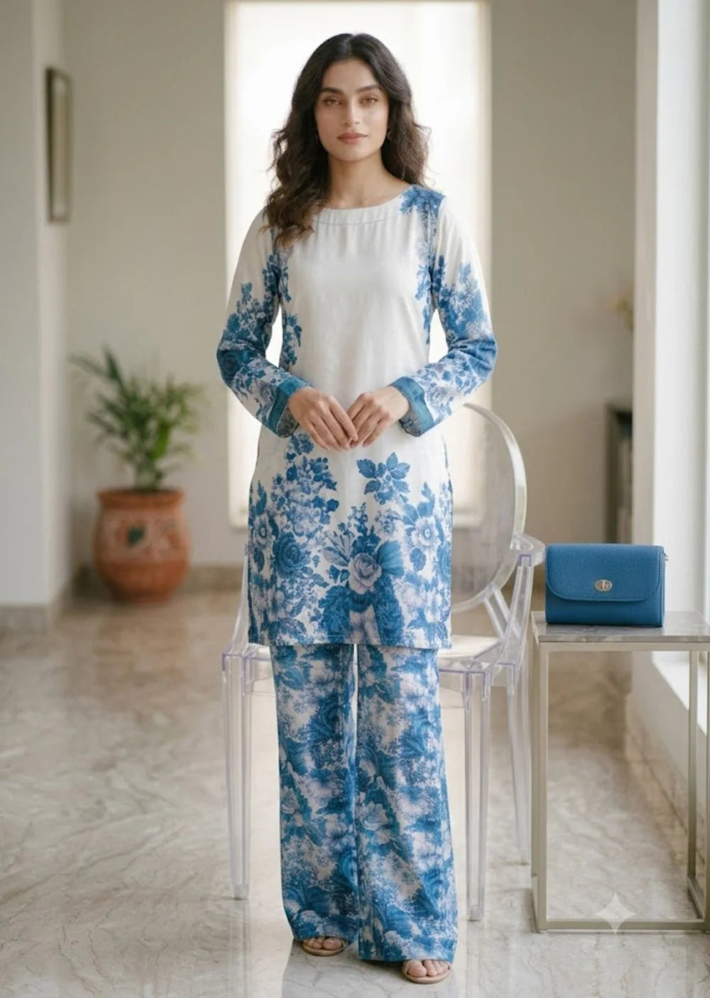 Blue White Floral Shamooz Silk 2-Piece Co-Ord Set - view 4