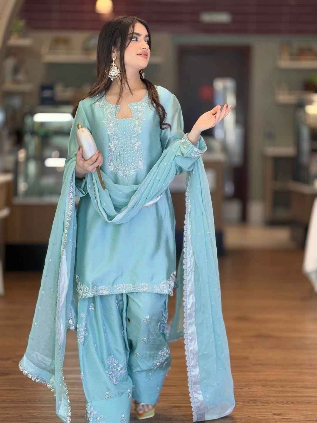 ATM26088 | SF Couture IIcy Blue Hand-Embellished Silk Farshi Shalwar Suit