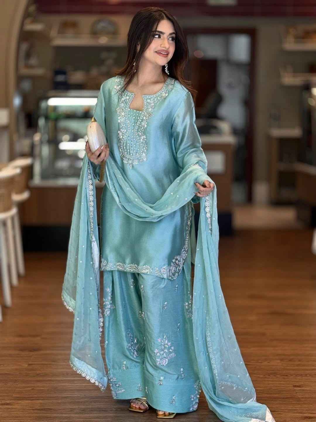 ATM26088 | SF Couture IIcy Blue Hand-Embellished Silk Farshi Shalwar Suit