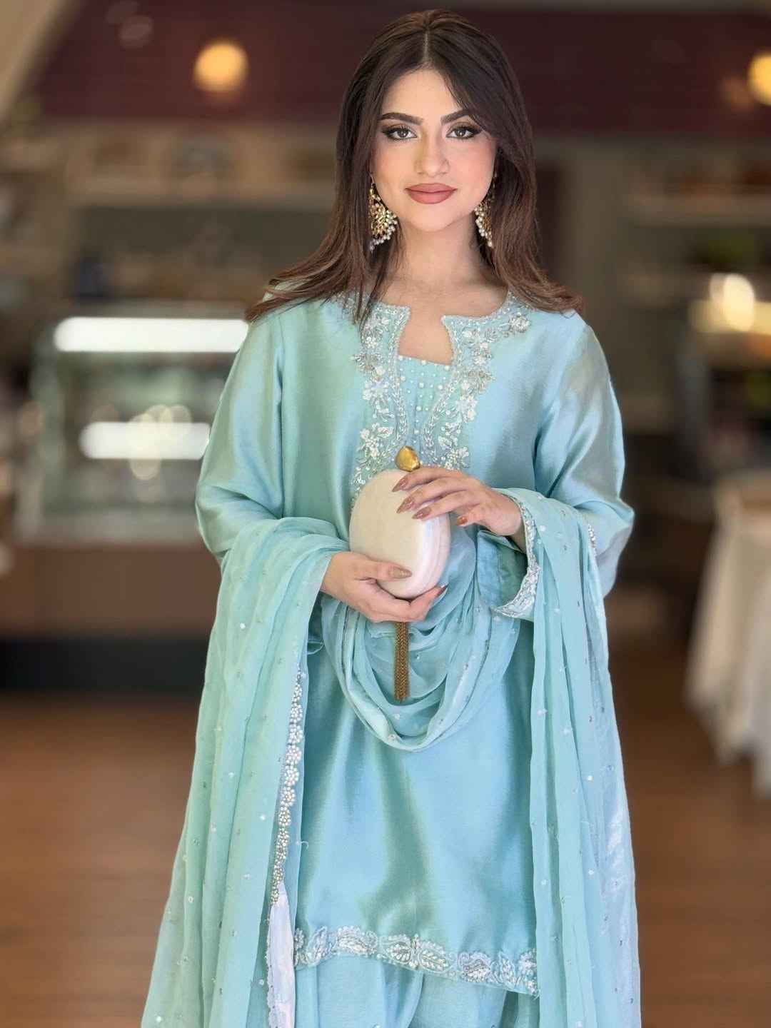 ATM26088 | SF Couture IIcy Blue Hand-Embellished Silk Farshi Shalwar Suit