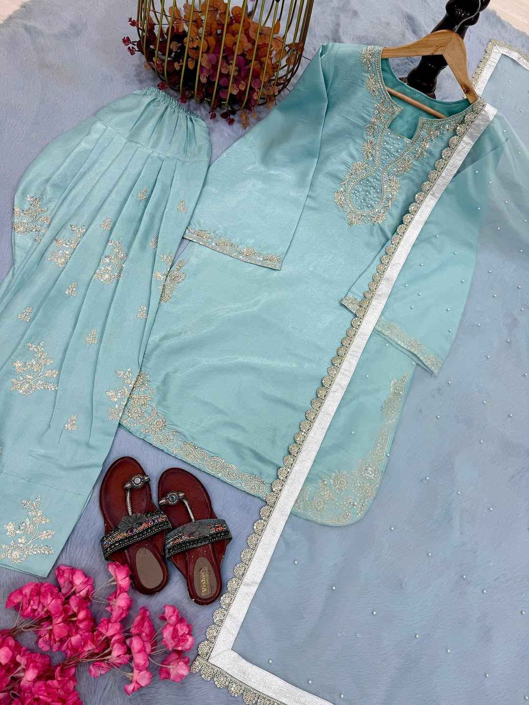 ATM26088 | SF Couture IIcy Blue Hand-Embellished Silk Farshi Shalwar Suit
