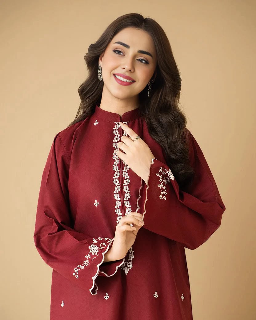 Dhanak 2 Piece Booti Embroidered Suit Maroon Cream